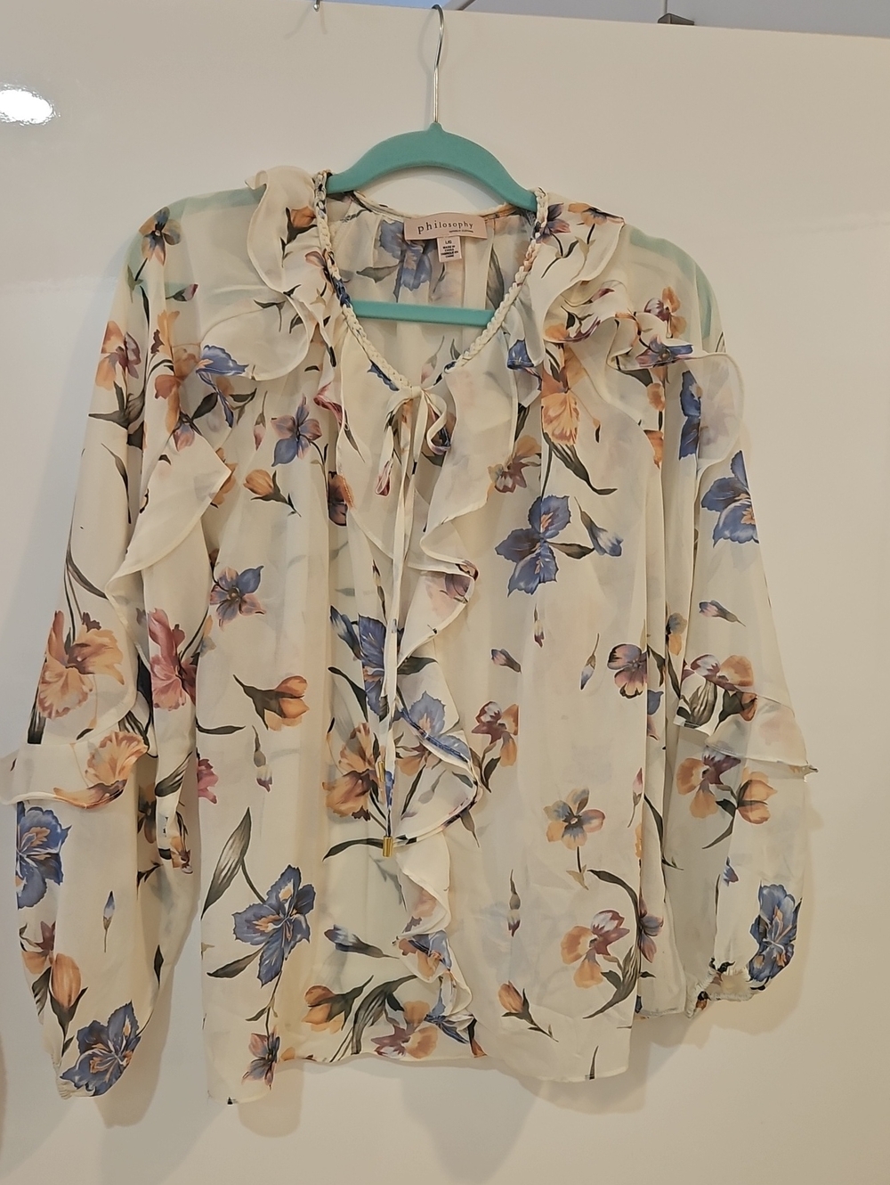 Philosophy Cream Floral Ruffle Tie-Neck Blouse